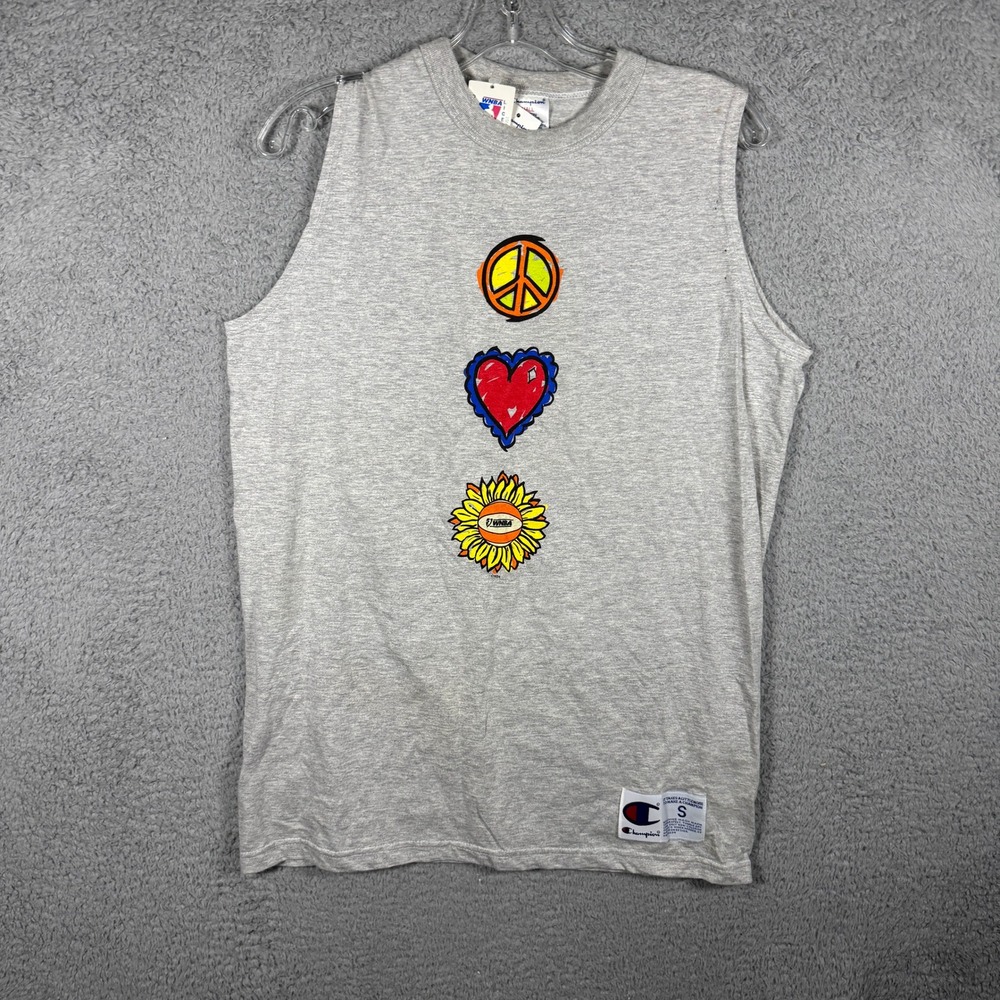 Vintage Champion WNBA Peace Love Basketball Sleeveless Shirt Grey Mens Small Y2K